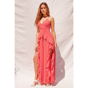 Lulus Vibrant Love Coral Sleeveless Ruffled Maxi Dress Pink - Size XS NWT